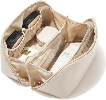 Womens Large Capacity Cosmetic Bag with Wide Opening, Dividers With Handle (Cross Open, White)