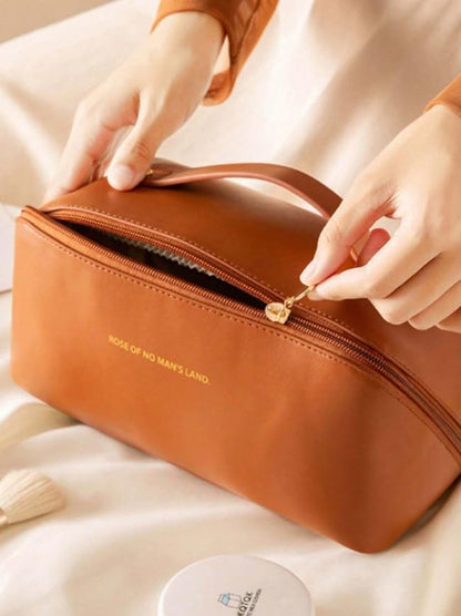 Womens Large Capacity Cosmetic Bag with Wide Opening, Dividers With Handle (Cross Open, Brown)