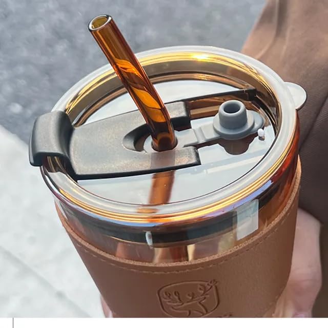 Glass Coffee Sipper Mugs with Straw and Lid Sealed  with Leather Sleeve Pack of 1, Leak-Proof, Reusable (Brown)