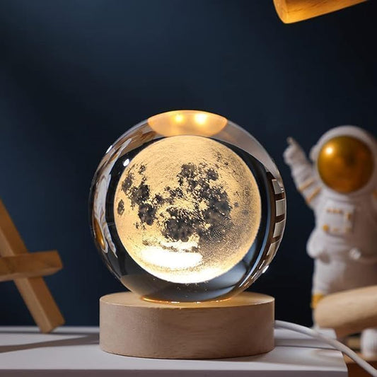 3D Moon Crystal Night Lamp with Warm White Dimmable LED Wooden Base