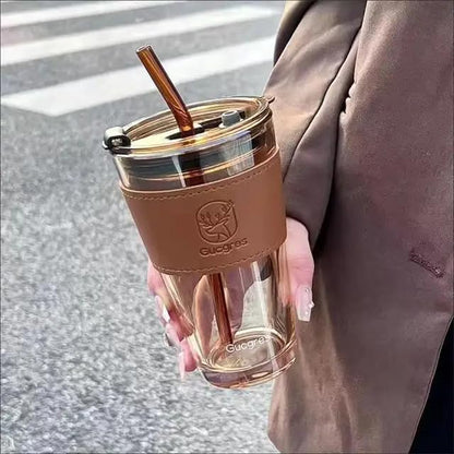 Glass Coffee Sipper Mugs with Straw and Lid Sealed  with Leather Sleeve Pack of 1, Leak-Proof, Reusable (Brown)