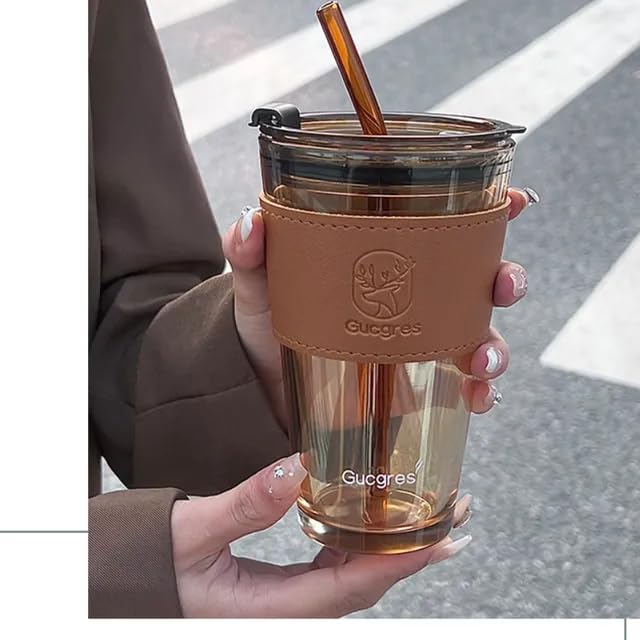 Glass Coffee Sipper Mugs with Straw and Lid Sealed  with Leather Sleeve Pack of 1, Leak-Proof, Reusable (Brown)