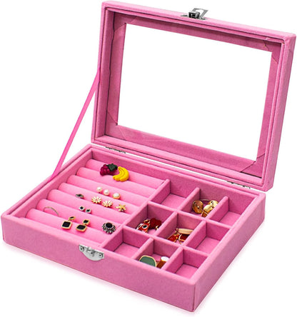 9 Grid Jewellery Organiser Velvet Storage Box with Lock & Removal Tray For Ring Storage Slot, Ring Jewellery (Pink)