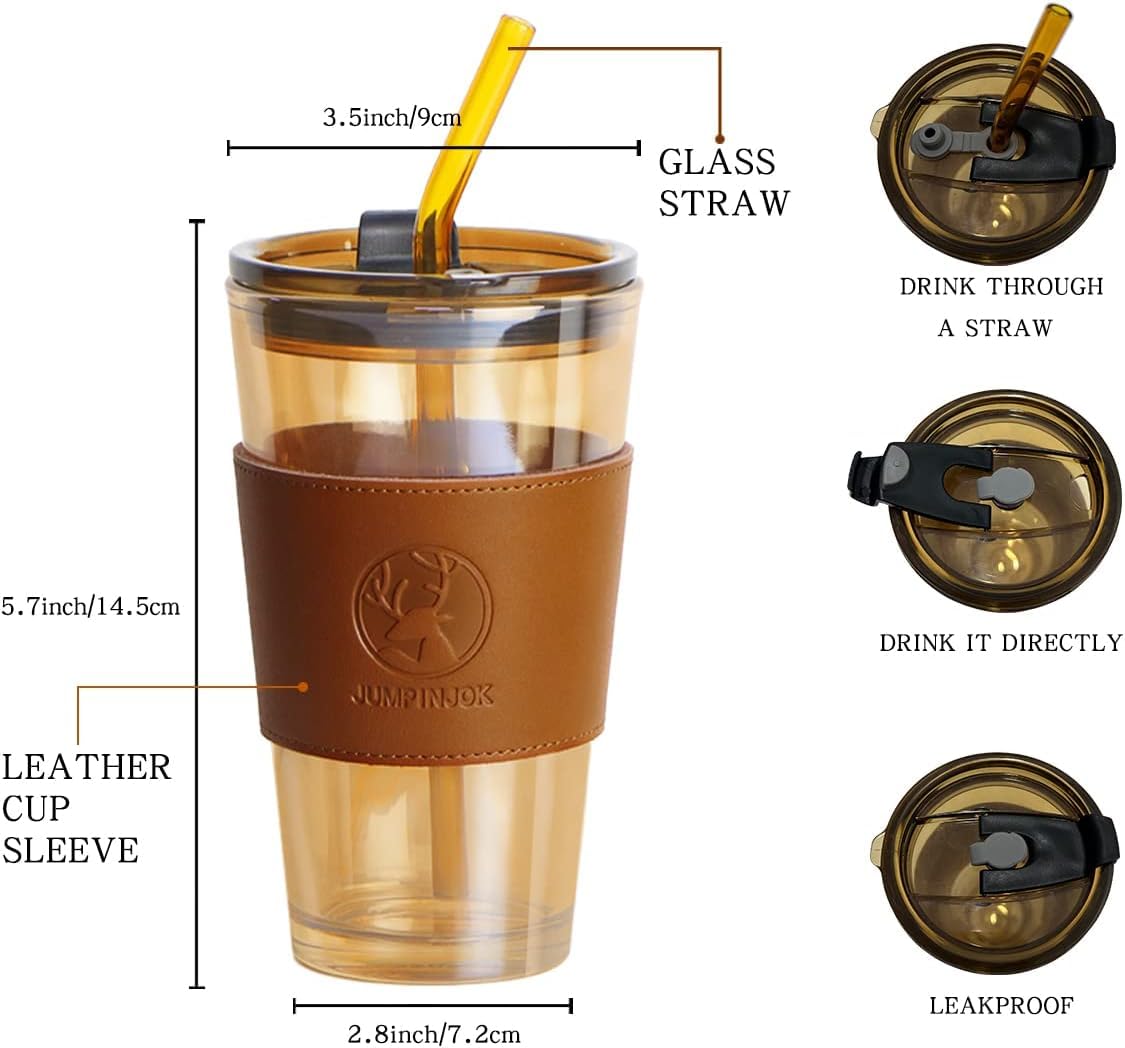 Glass Coffee Sipper Mugs with Straw and Lid Sealed  with Leather Sleeve Pack of 1, Leak-Proof, Reusable (Brown)