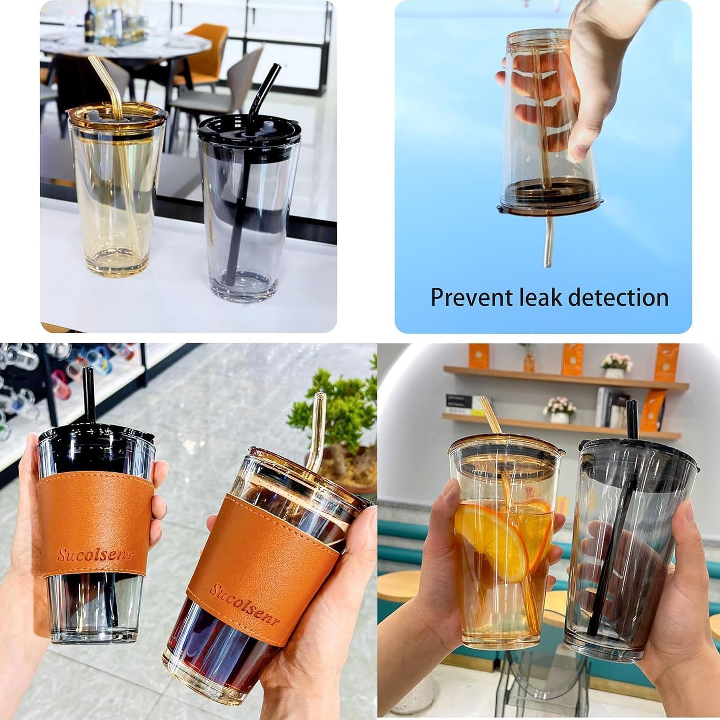 Glass Coffee Sipper Mugs with Straw and Lid Sealed  with Leather Sleeve Pack of 1, Leak-Proof, Reusable (Brown)