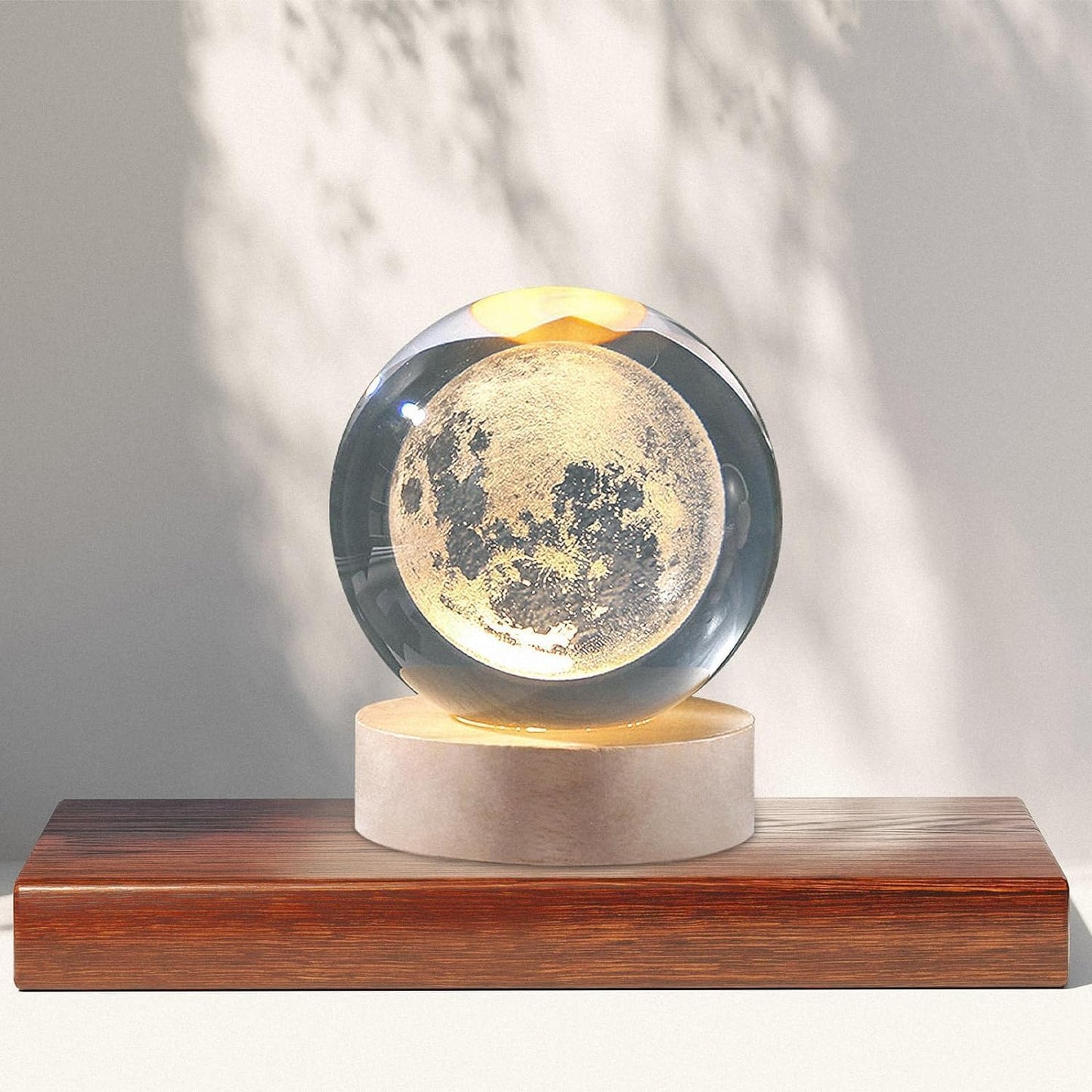 3D Moon Crystal Night Lamp with Warm White Dimmable LED Wooden Base