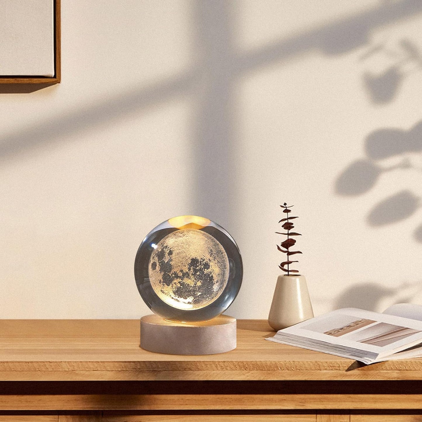 3D Moon Crystal Night Lamp with Warm White Dimmable LED Wooden Base